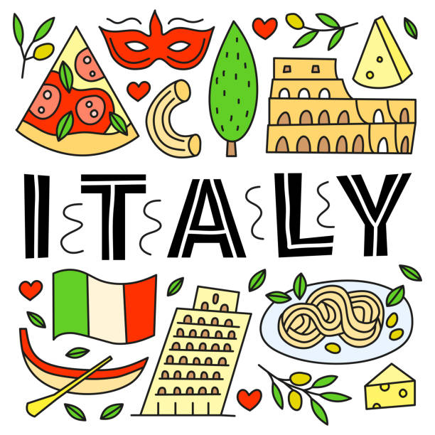 istock Poster with lettering and doodle Italia landmarks and attractions. 2175153165
