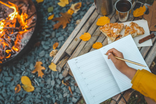 istock Person writing in a notebook next to a bonfire during autumn. Outdoor cozy setting with fallen leaves, snacks, hot drink, and the warmth of the fire, capturing the essence of a peaceful autumn day 2175153222