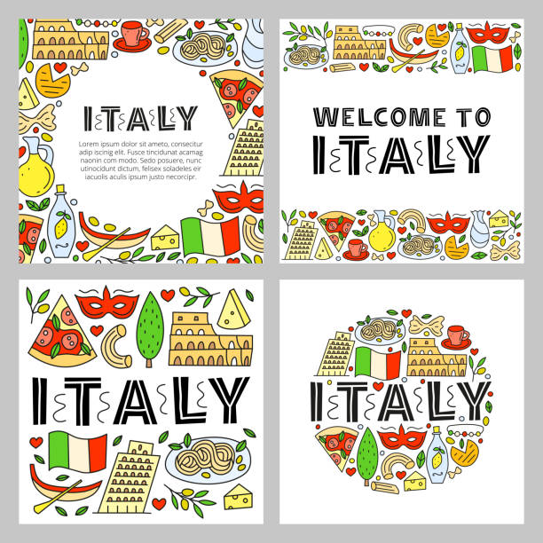 illustrazioni stock, clip art, cartoni animati e icone di tendenza di set di poster con scritte e doodle luoghi d'interesse e attrazioni dell'italia. - luogo dinteresse