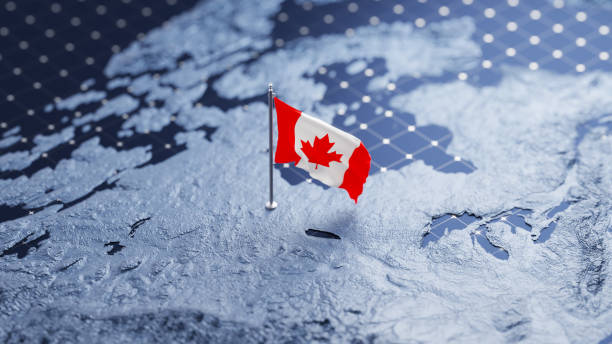 Flag of Canada waving on pole on the 3d topographic map surface and abstract background with a grid