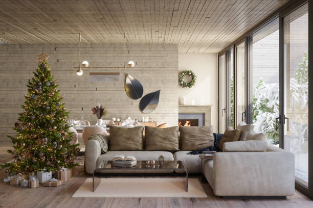 istock Modern Living Room Interior With Christmas Tree, Gift Boxes, Corner Sofa And  Dining Table 2175162370