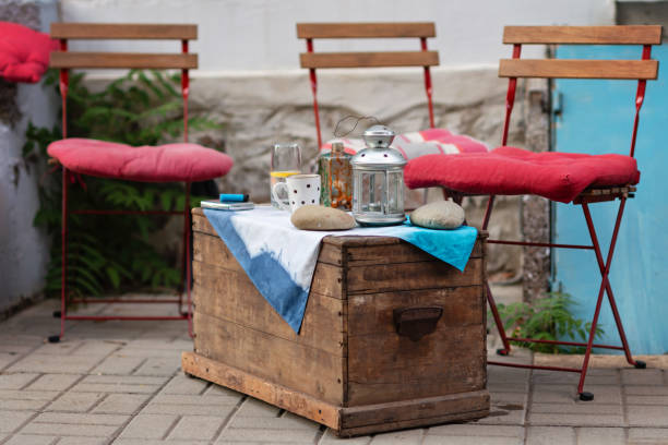 Chairs and a table at a Mediterranean style cafe