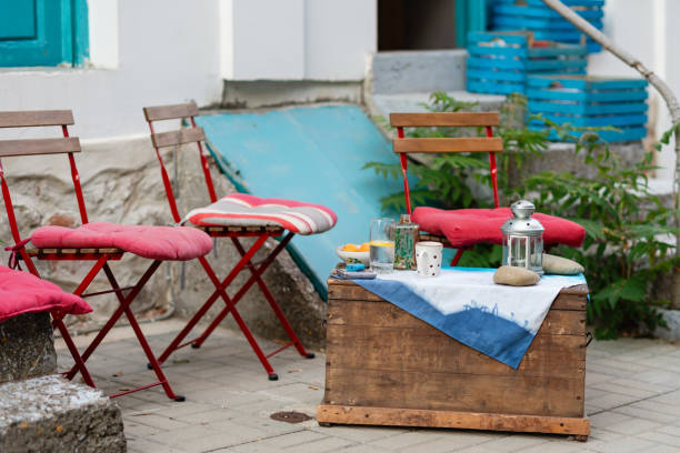 Chairs and a table at a Mediterranean style cafe