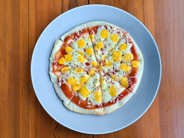 Triple Cheese Pizza On A Plate. Food Menu. Top View.