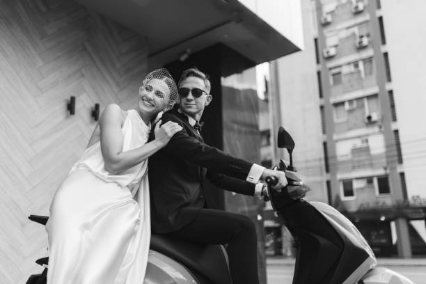 istock Wedding couple on motor scooter 2175187069