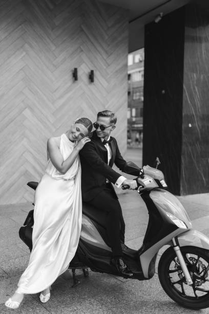 istock Wedding couple on motor scooter 2175188142