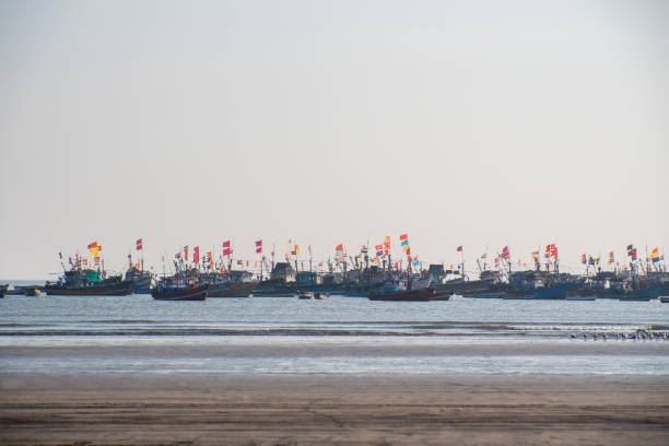 Traditional Fishing Boats with colorful flags in the sea at Harne bandar or port, Dapoli, Ratnagiri, Maharashtra, India.