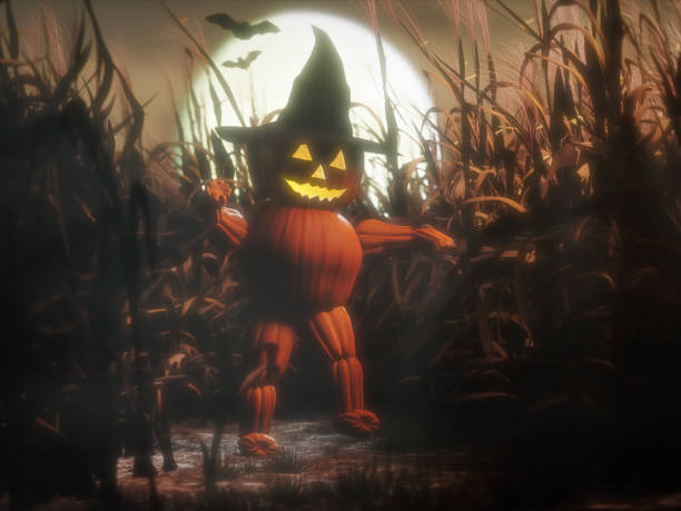 istock Jack-o-lantern pumpkin creature walking out of cornfield 2175217023