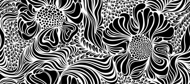 Seamless pattern of abstract leaves and flower