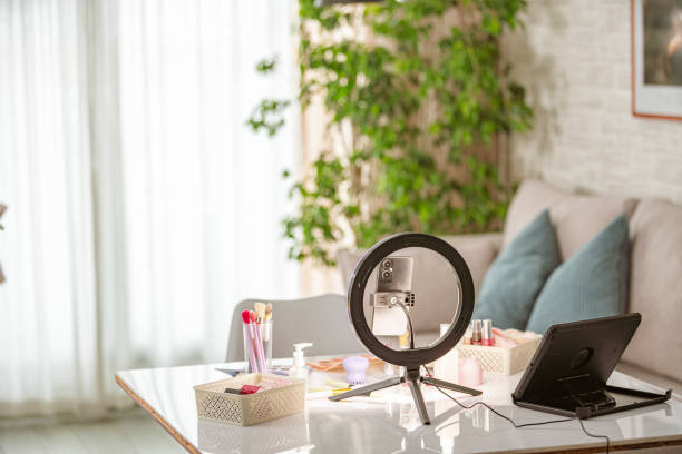 Setup ready for beauty products and makeup podcast.