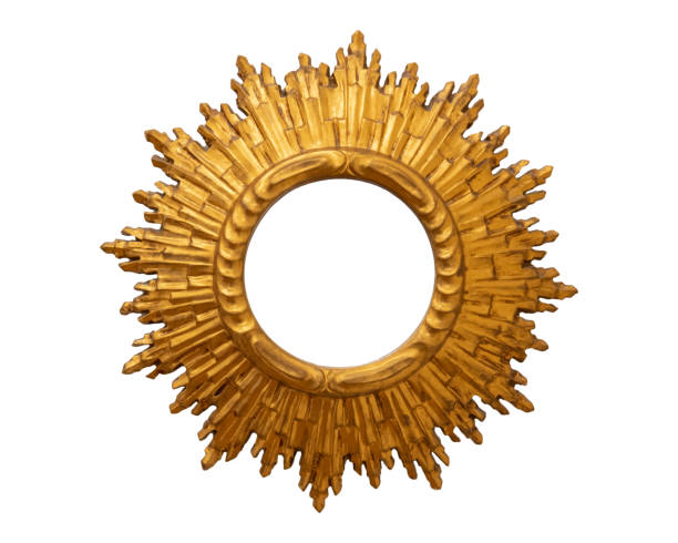 istock Round picture frame mirror empty circle blank cut out gold shiny circular gilded portrait frame front view, object isolated on white background, cut out mockup template, copy space, rays of light halo 2175230501