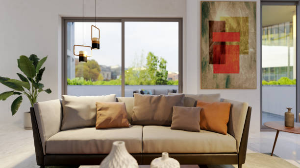 istock Large luxury modern bright interiors Living room mockup illustration 3D rendering image 2175237631