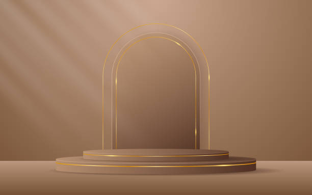 istock Brown podium with brown curved border and gold lines on the back for advertisement display 2175260260