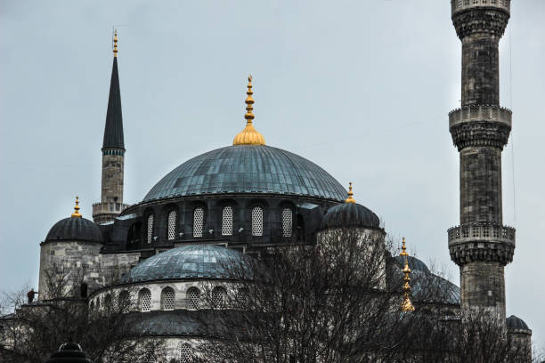 A golden finial with a crescent moon atop a grand dome of a mosque against a bright blue sky, a symbol of Islamic architecture in Istanbul, Turkey