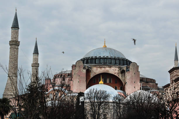 The image captures a frontal view of the Hagia Sophia in Istanbul, framed by two towering minarets. The central dome and detailed architecture stand out against the cloudy sky, while birds fly overhead, adding a dynamic element to the scene. The iconic structure reflects its rich history and cultural significance.