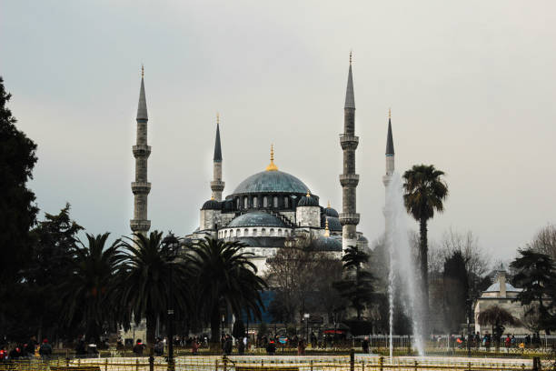 The snowy view of blue mosque, Istanbul, Turkiye. 