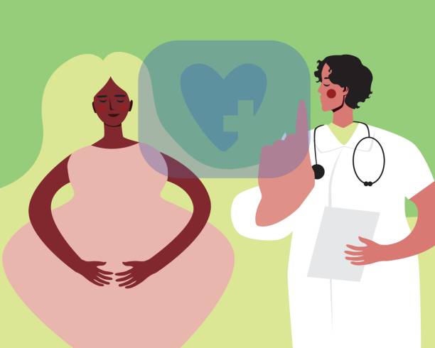 istock Technological management of pregnancy, flat vector stock illustration with afro pregnant woman, doctor and halogram 2175280913