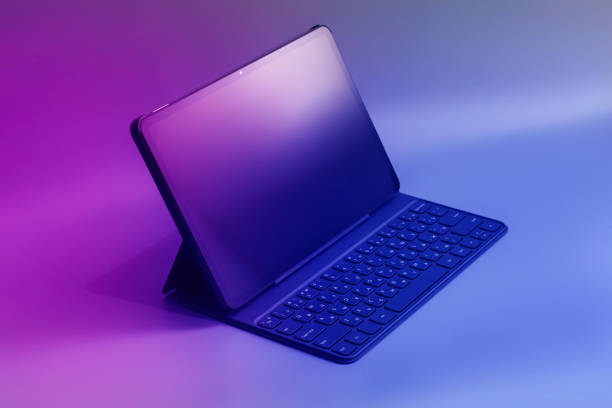 istock Mockup of tablet screen with keyboard and screen close-up isolated on color background. 2175281012