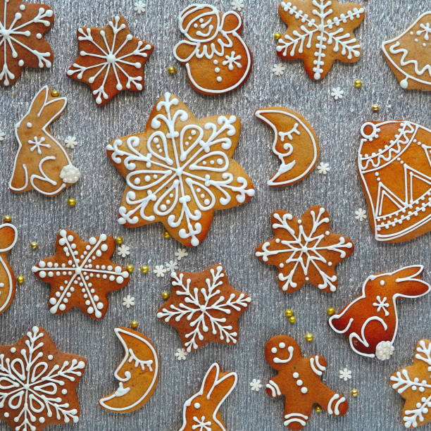 Gingerbread Cookies Decorated White Icing Flat Lay Gray Background