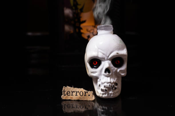 Smoking Halloween Plastic Vintage Skull with the word terror on a black background