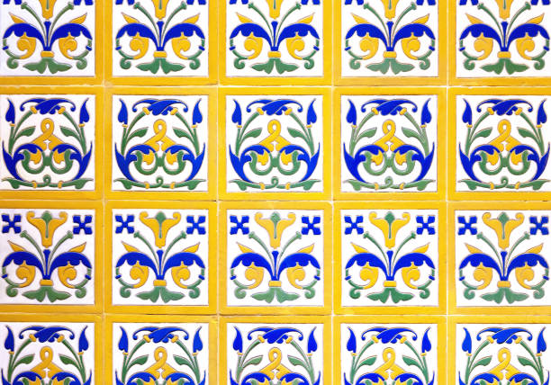 istock Old yellow-blue ceramic tiles with ornaments. 2175321502
