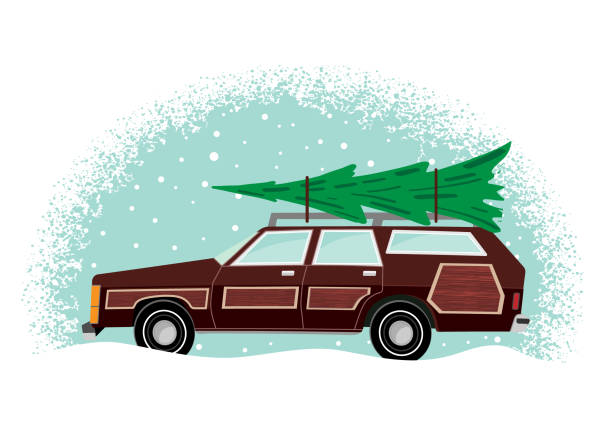 Vector illustration of a Retro station wagon with wood panels carrying a Christmas Tree for Christmas and Holiday. Textured blue background with snow. Includes fully editable vector eps and high resolution jpg in download.