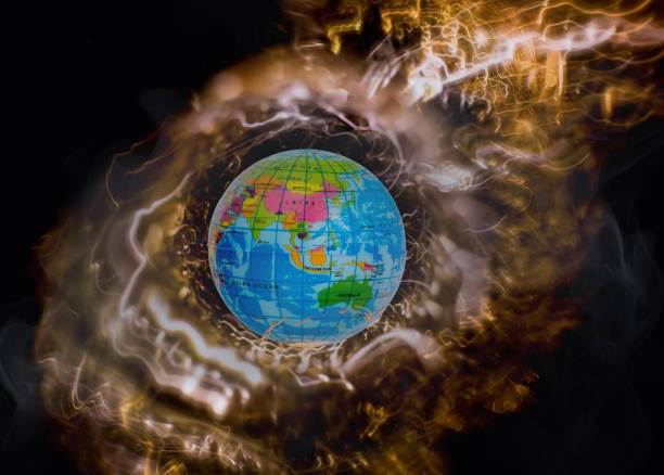 Concept of global crisis and climate change. Black background.
