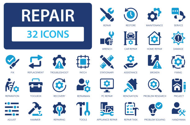 illustrations, cliparts, dessins animés et icônes de jeu d’icônes de réparation. outils, réparation, service, réparateurs, cassé, dépannage, boîte à outils. - installer