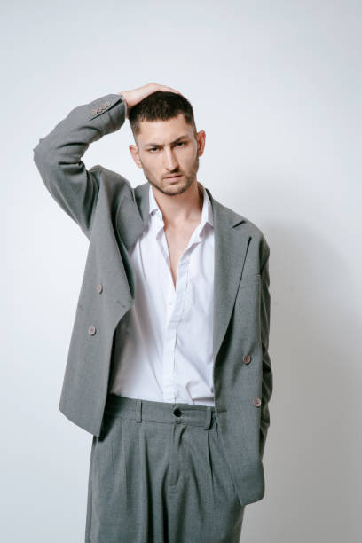 istock Fashion man model in grey suit, shoot in studio 2175335022