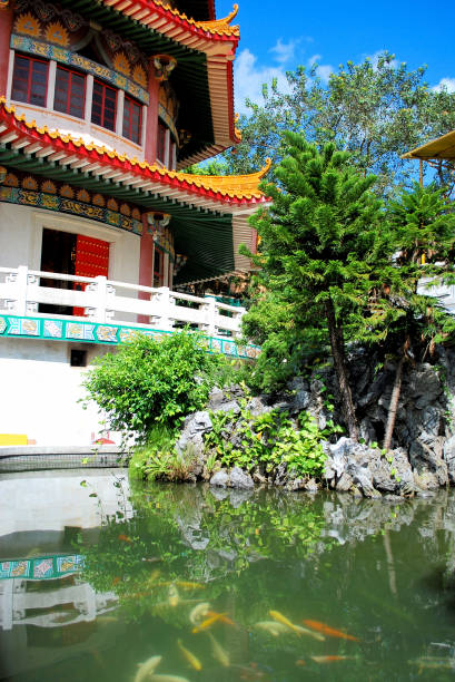 Located in the Tsuen Wan District of Hong Kong, the Yuen Yuen Institute is the only temple in Hong Kong that is dedicated to the main three Chinese religions: Taoism, Confucianism, and Buddhism. This photograph was captured during September 2010 and highlights some of the architectural features of the Yuen Yuen Institute.