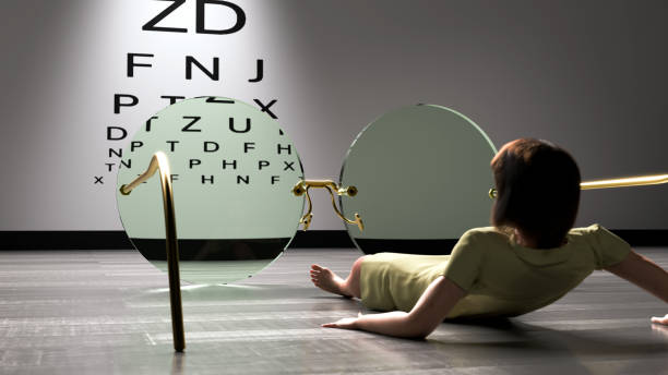 Woman looking up and through at oversized glasses.