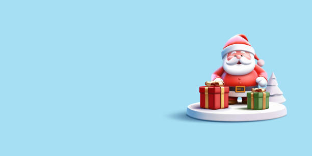 istock Santa Claus with gifts and a Christmas tree on a white podium, 3D. Cute funny image to celebrate Merry Christmas. Promotional sales, discounts, and parties. Vector 2175363470