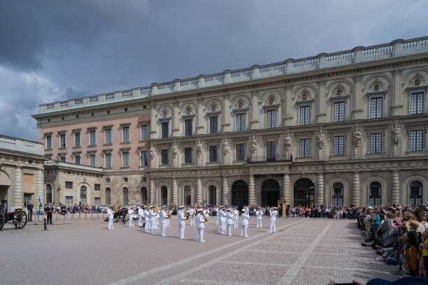 Stockholm, Sweden - August, 13, 2022: The soldiers band of the Change of Guards Parade doing their show in Stockholm, Sweden