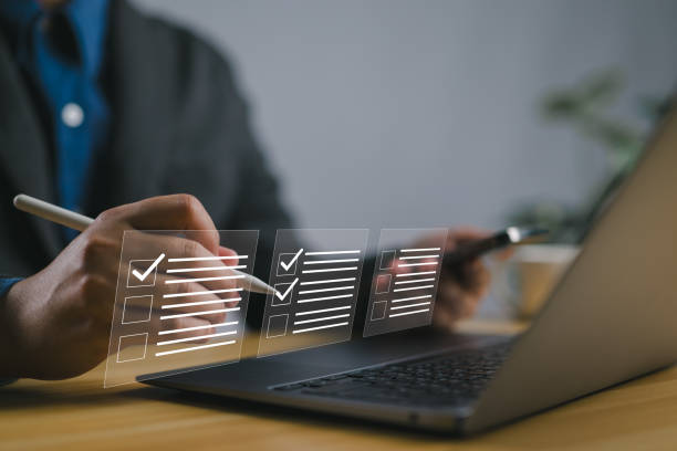istock Survey form concept. Questionnaire with checkboxes, filling survey form online, answer questions of test. Education futuristic technology and learning. 2175365652