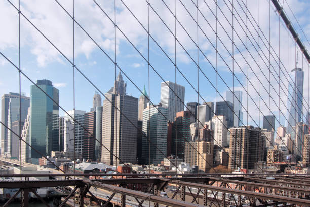 New York. USA. 10.25.2024. Manhattan Bridge spanning East River with Lower Manhattan skyline.