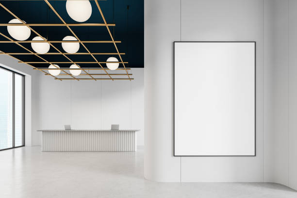 istock Modern office lobby with blank framed poster on white wall. 3D Rendering 2175391188