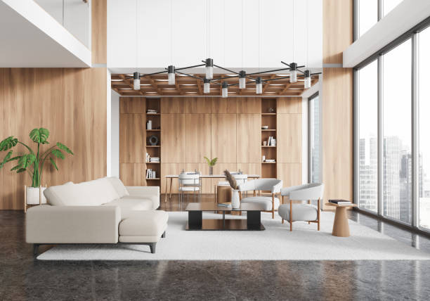 istock Stylish home living room interior with lounge and dining zone, panoramic window 2175391215
