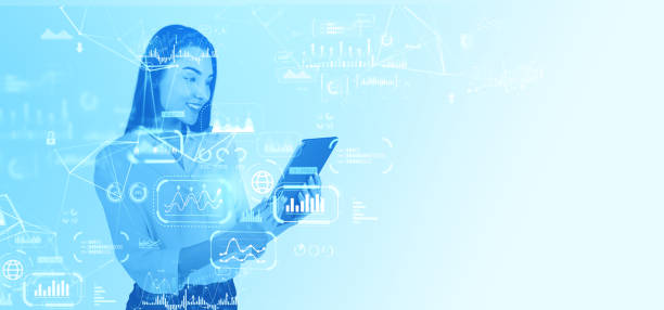 istock Businesswoman with tablet and big business data dashboard, silhouette 2175391374
