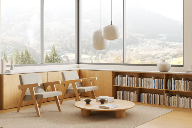 istock Stylish living room interior with two armchairs, shelf and panoramic window 2175391383