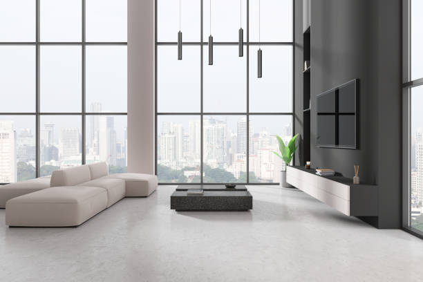 istock Modern living room interior with city view through large windows. 3D Rendering 2175391516