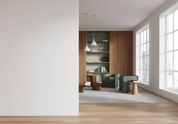 istock Modern living room with blank wall for mockup template. 3D Rendering 2175391520