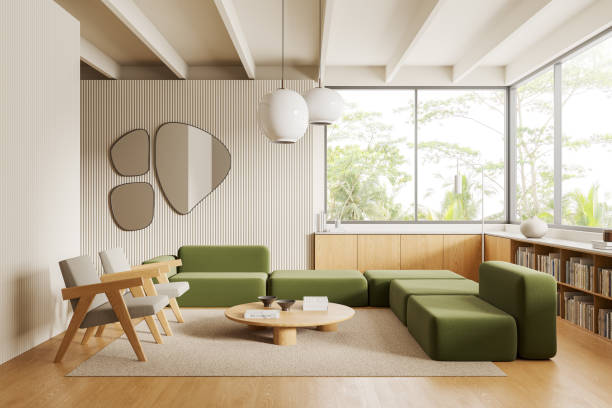 istock Living room interior with two armchairs and sofa, shelf and panoramic window 2175391606