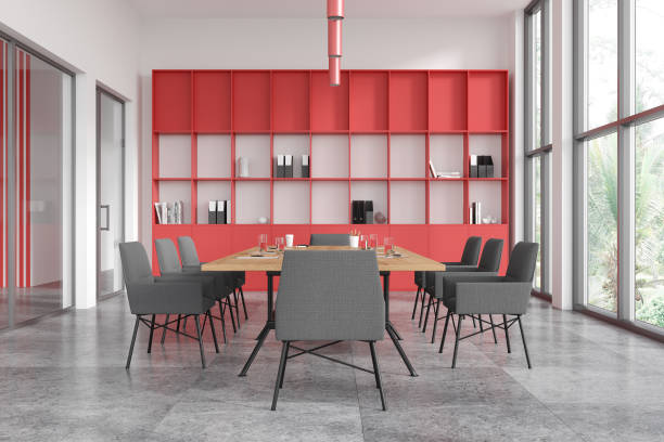 istock Modern Conference Room with Red Shelving and Grey Chairs. 3D Rendering 2175391864