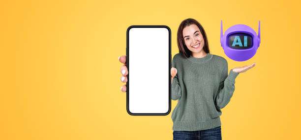 istock Woman with mock up phone display, smiling Ai bot on her hand 2175392614