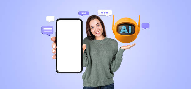 istock Woman with mock up phone display, Ai bot and chat speech bubbles 2175392626