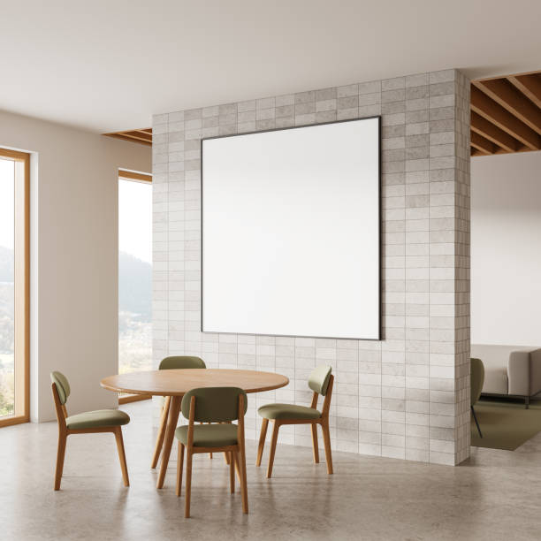 istock Modern dining room with blank framed poster on tiled wall. 3D Rendering 2175392761