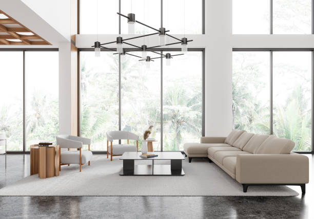 istock Modern home living room interior with two armchairs and couch, panoramic window 2175392869