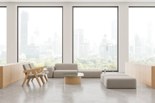 istock Stylish cafe interior with cozy eating space near panoramic window 2175393029