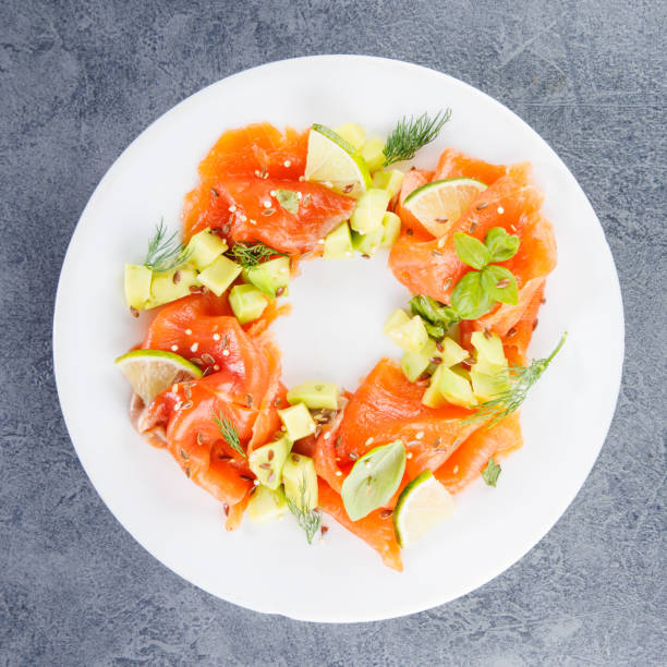 istock Smoked salmon salad with avocado, and lettuce on a plate, top view 2175397036