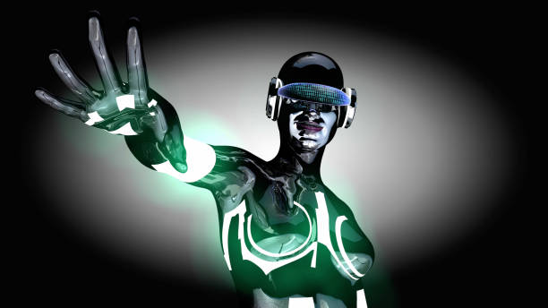 istock Robot Girl with Raised Hand Wearing Interactive Glasses 2175401566